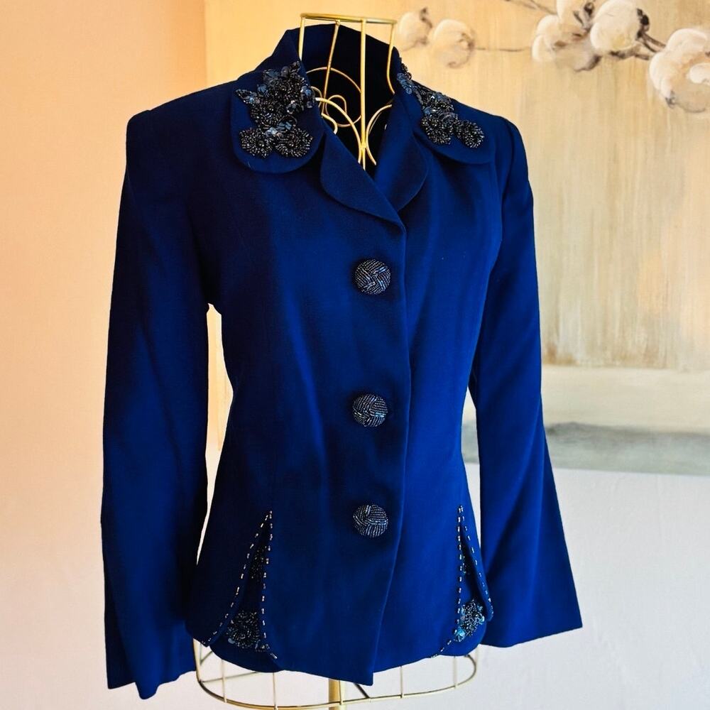 Handmade Indigo Blue Beaded Embellished Statement Jacket Blazer Small